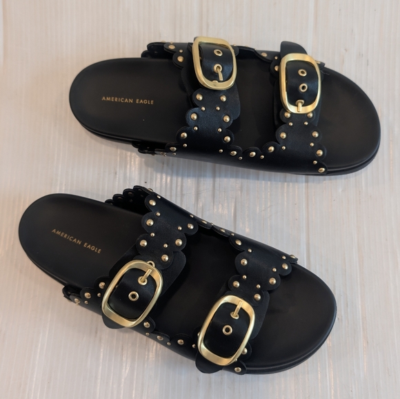 AMERICAN EAGLE Women's Gold Studded Double-Buckle Black Slide Sandals Size 9 - Picture 9 of 10